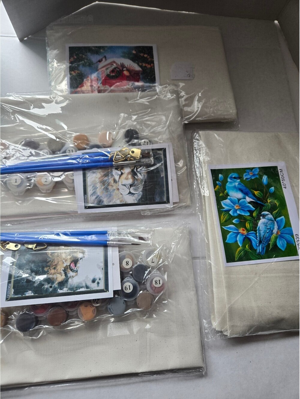 DIY Paint by Number Kits Lot – Blue Birds, Winter Cardinal Birdhouse & Lions
